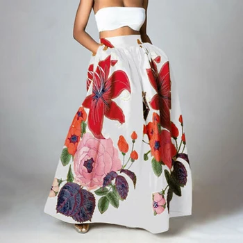 Elegantan ženski slobodna duga suknja s cvjetnim ispis, Vintage je u pravu suknju srednje dužine sa visokim strukom, Ženska Svakodnevni suknja s ružičastim džep za odmor  10