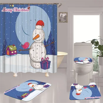 Novi božićni snjegović poliester tiskane zavjese za tuširanje pregrada za kupatilo komplet od tri zastor za tuš u kupaonici.  10