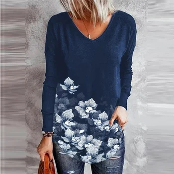 Trendy ženske majice s V-izrez i cvjetnim ispis Proljeće svakodnevne majice s dugim rukavima nepravilnog jesen besplatne ulične vrhovima pulover Mujer  10