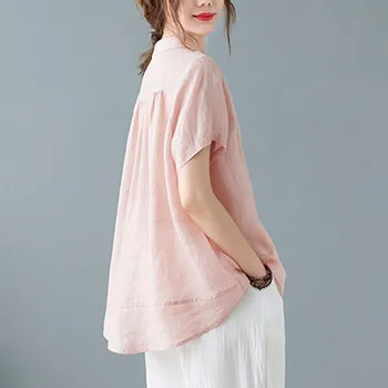 Ženska pamučna posteljina Svakodnevne košulje Novi dolazak 2021 Ljeto Jednostavan je Stil Vintage jednobojnu Slobodne ženske Majice kratkih rukava B1015  10