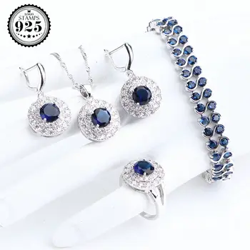 Žene Srebro 925 Sterling Postavlja Vjenčanje Narukvice Prstenje Za Vjenčanje Nakit Prirodni Plavi Cirkon Kamenje Privjesak Ogrlica I Naušnice Set  10
