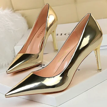 2022 Ženske shiki 7,5 cm 10,5 cm na visoku petu Lakiran večernje cipele-brod Escarpins Zlatno-srebrne cipele na štikle za Plus size djeveruša  10
