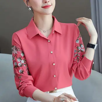 Ženske košulje 2021 ljetna moda novi ženski ovratnik polo majice s dugim rukavima i izvezenim cvijeće шифоновая košulja sve je utakmica  10
