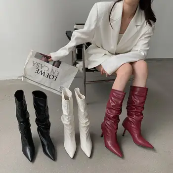 2021 Nove zimske viteški čizme Ženske čizme do koljena na dugom tankom petu do sredine kavijara Klasicni debeli moderne čizme Crno Bijeli Botas Mujer  10