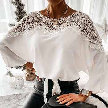 Proljeće i Jesen Bluzu dugih Rukava Ženska Seksualna Bijela Crna cvjetne čipke Bluzu s transparentnim low-cut bluzu  10