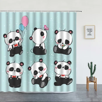 Crtani Film Životinja Panda Zavjese Za Tuširanje Skup Zelenih Bambusa, Biljke Sa Po Cijeloj Površini Dječja Soba Dekor Kupatilo Luksuzni Polyester Ekran Za Kadu  10