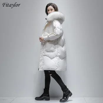 FTLZZ Novi zimski kaput za 90% od bijelog утиного dlake sa velikim ovratnikom od krzna s kapuljačom, duga jakna, ženska ravna cijev, slobodna topla odjeća  10
