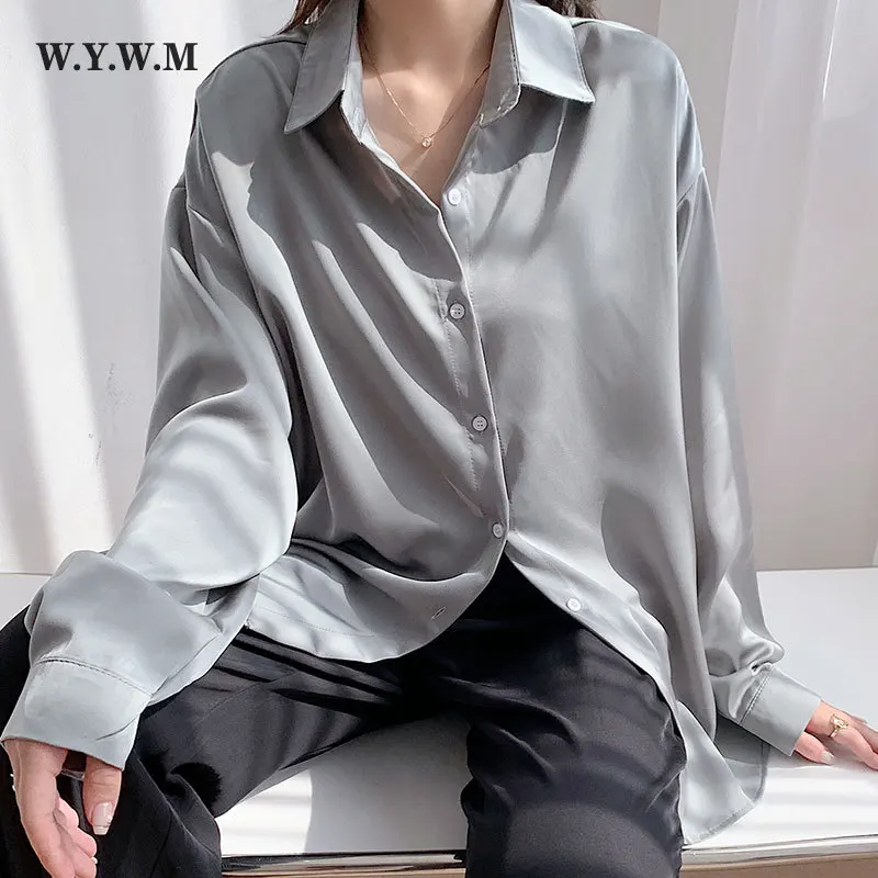 WYWM Satin košulja na zakopčane Žene Korejski svilene košulja dugih rukava Elegantne Ženske košulje Berba office ženske bluze Svakodnevne ulične vrhovima