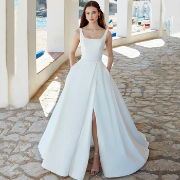 Elegantne satin vjenčanica i Djeveruša Haljina bez rukava s džepovima Dubai Seksi svadba haljina s prorezom sa strane Vestido de novia  10
