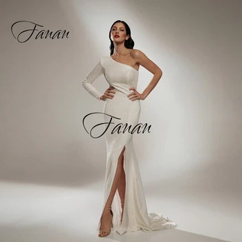 Jednostavna Vjenčanje haljina Sirena s jednim krakom Sprijeda s visokim prorezom i dugih rukava, duga do poda za prom Vjenčanica  10
