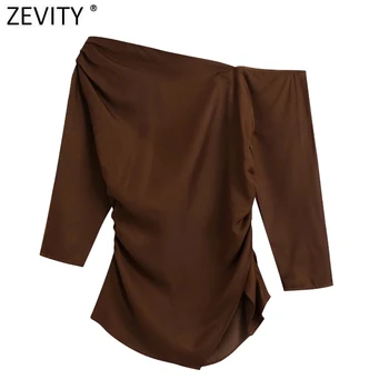 Zevity Za žene Seksi ravnici jedno rame nabrane asimetrične kratke bluze Dama Šik nepravilan rub košulje Tanak Blusas Vrhovima LS9745  10