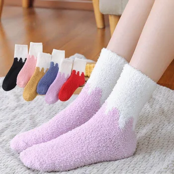 Ženske tople zimske debele čarape Pahuljasto mekane podne čarape za spavanje Šarene Slatka Toplina Mekani baršun nadkoljenice Calcetines  10