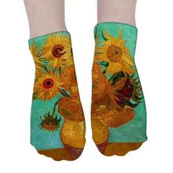 3D Ženske jesen pamučne čarape ulje na platnu Van Gogh, Zvjezdana noć Suncokretovo polje pšenice Autoportret Umjetnički uzorak Niske čarape svojim gležnjeva  10